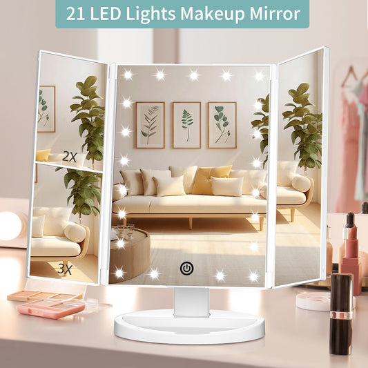 funtouch white led trifold makeup mirror for household