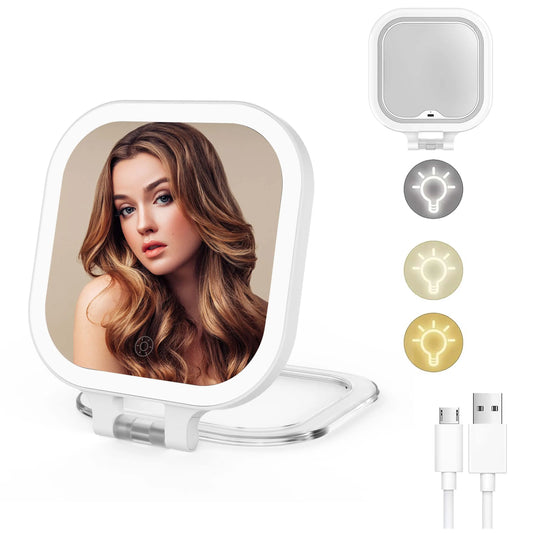 Funtouch SM420 compact mirror with 3 color LED lights (cool, natural, warm), adjustable for different makeup needs and occasions.