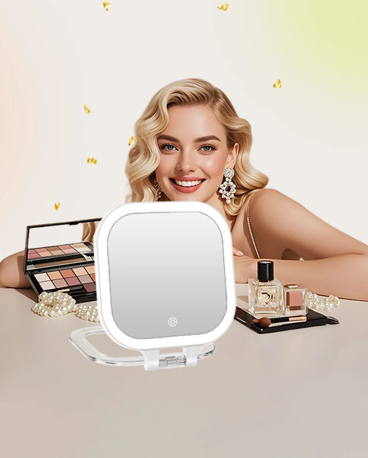 Funtouch SM420 compact mirror with 3 color LED lights (cool, natural, warm), adjustable for different makeup needs and occasions.