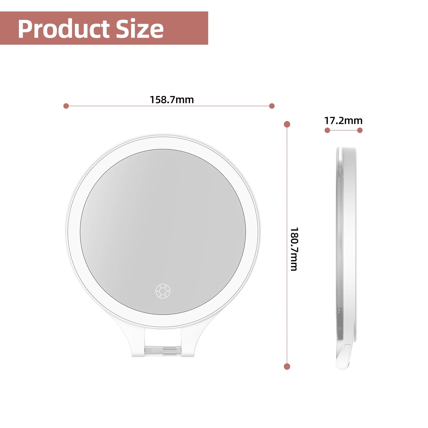 Funtouch RM451 portable makeup mirror dimensions chart, showing compact size for easy travel and storage.