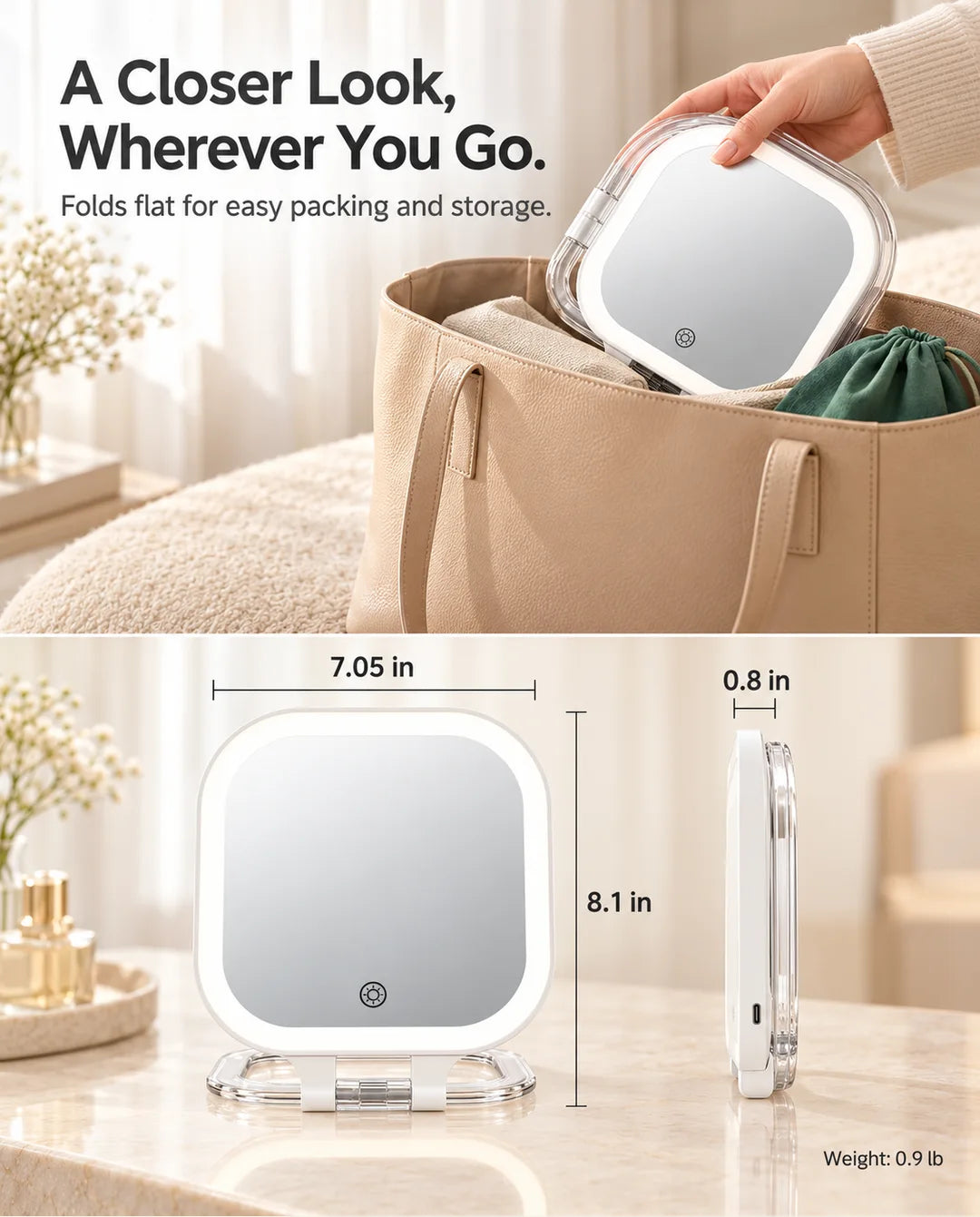 FUNTOUCH SM420 folding mirror being packed into a tote, with product dimensions, folded thickness and weight shown below.