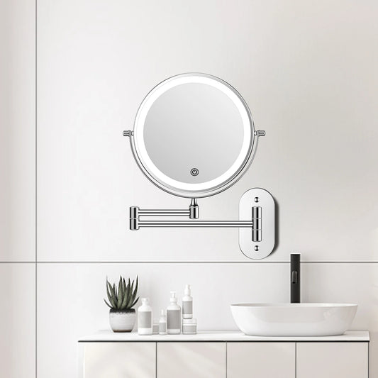 Funtouch wall-mounted silver LED makeup mirror with touch control, foldable double-sided vanity mirror for bathroom.