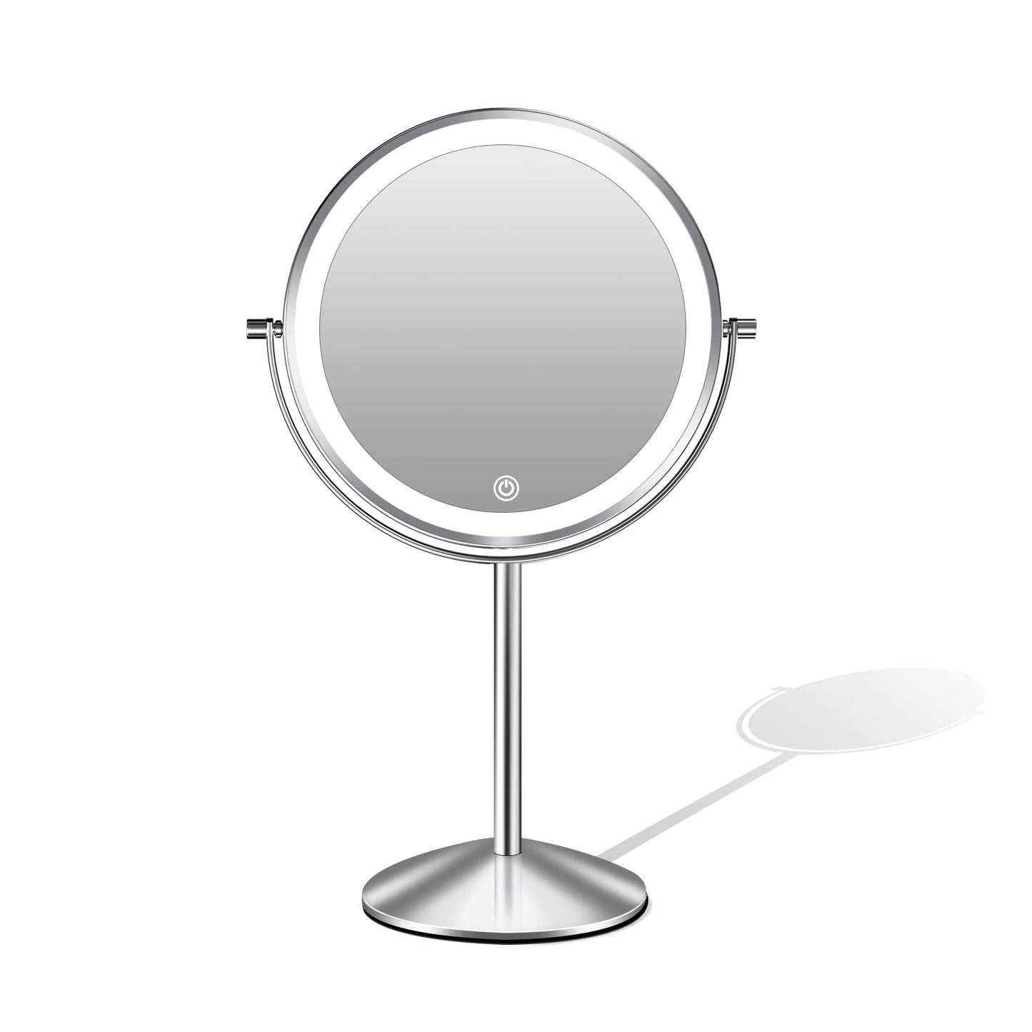 Silver LED vanity mirror with round design for bedroom vanity table and makeup area