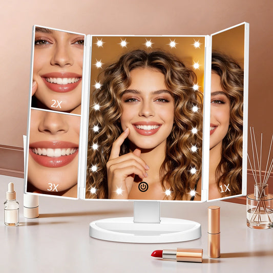 White trifold lighted makeup mirror placed on dressing table, showing elegant home decor application effect.