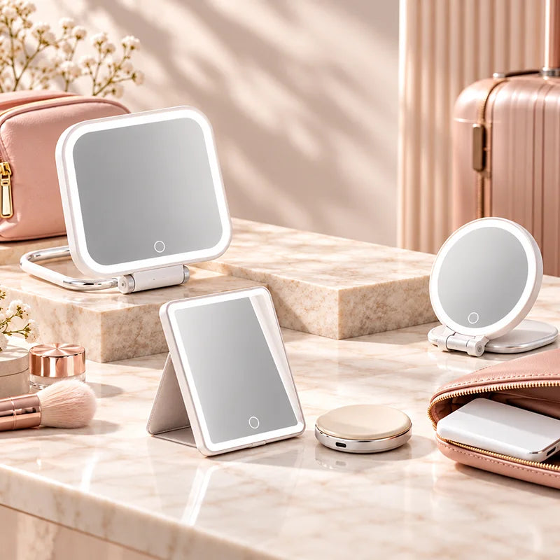 FUNTOUCH portable lighted travel makeup mirrors in a soft pink travel beauty setting