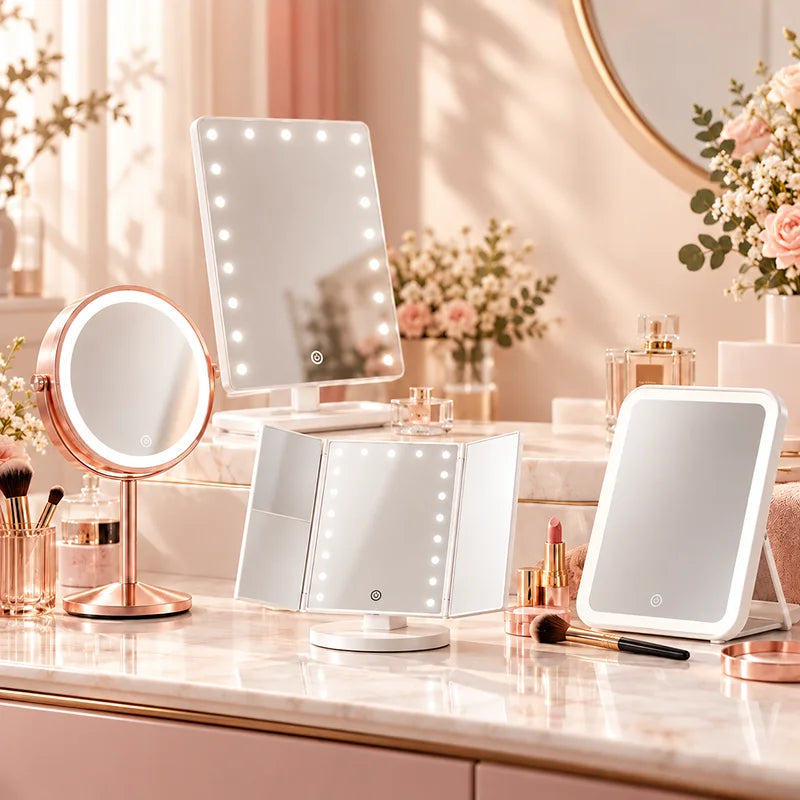FUNTOUCH lighted vanity makeup mirrors displayed on an elegant pink dressing table