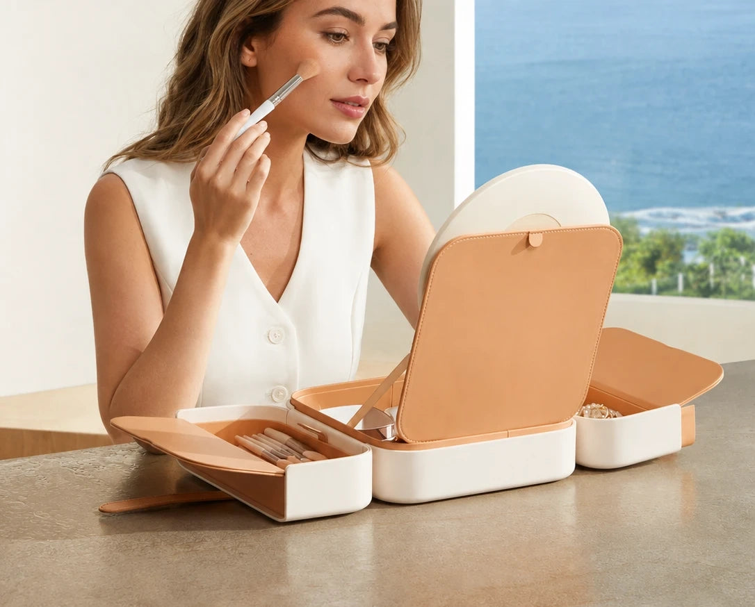 Woman holding a travel makeup organizer case