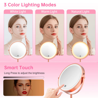 LED vanity mirror with three lighting modes including white light, warm light and natural daylight