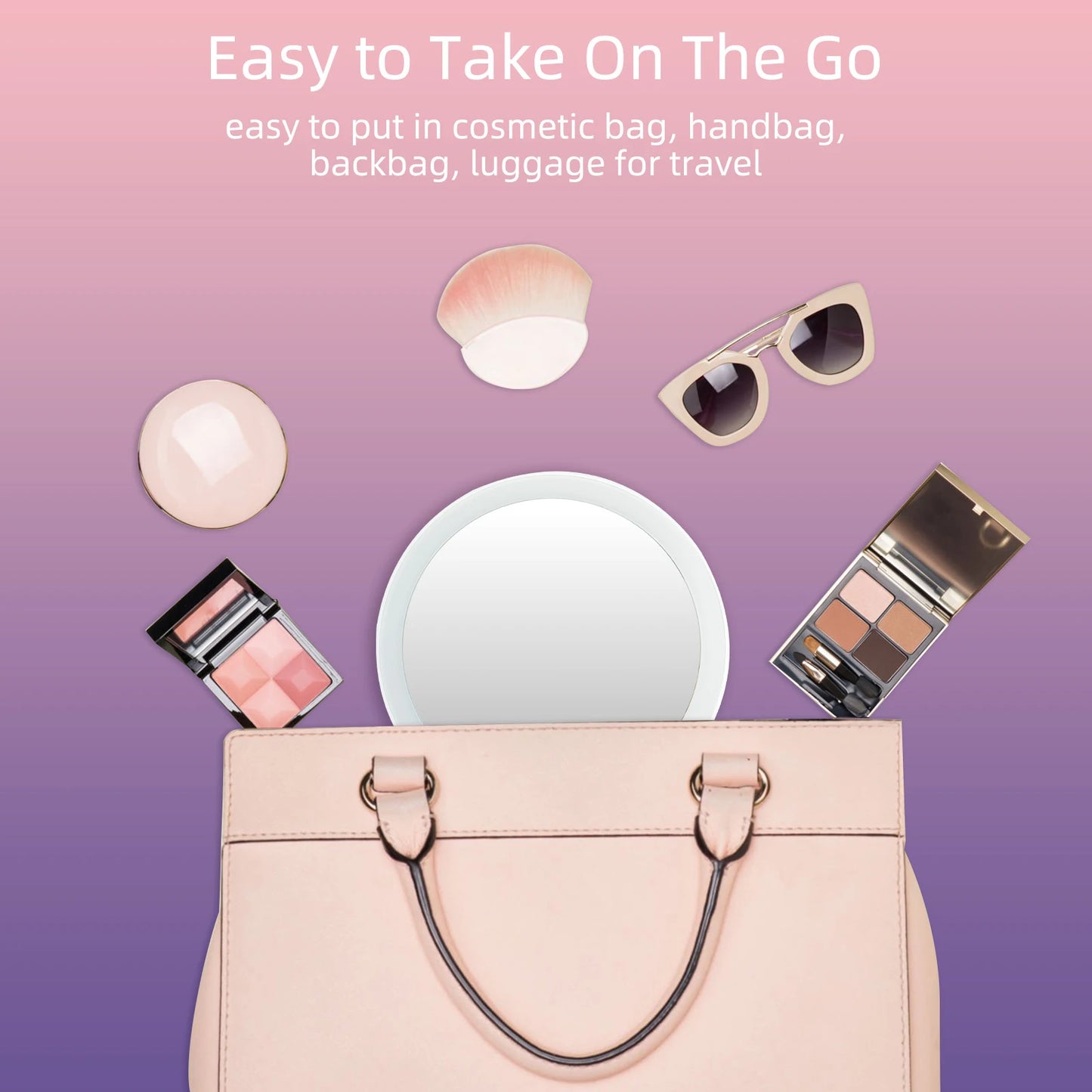A makeup mirror that is easy to put in a makeup bag, handbag, backpack or travel luggage.