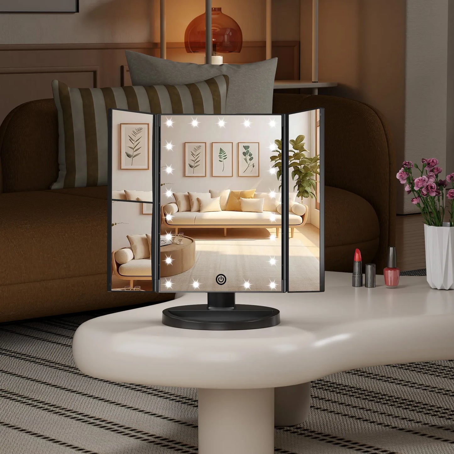 Black trifold lighted makeup mirror placed on dressing table, showing elegant home decor application effect.
