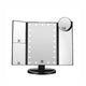 Black tri fold LED makeup mirror with multiple magnification modes and adjustable lighting