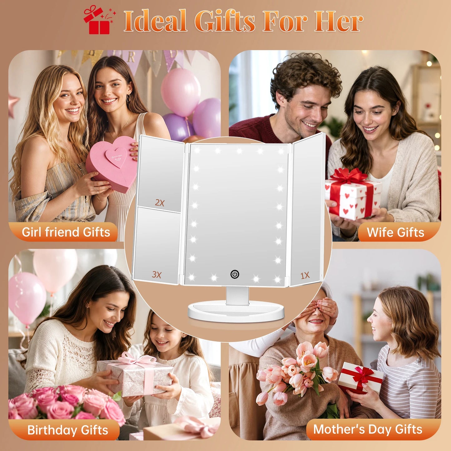Tri fold LED makeup mirror as a beauty gift for women, birthdays and special occasions
