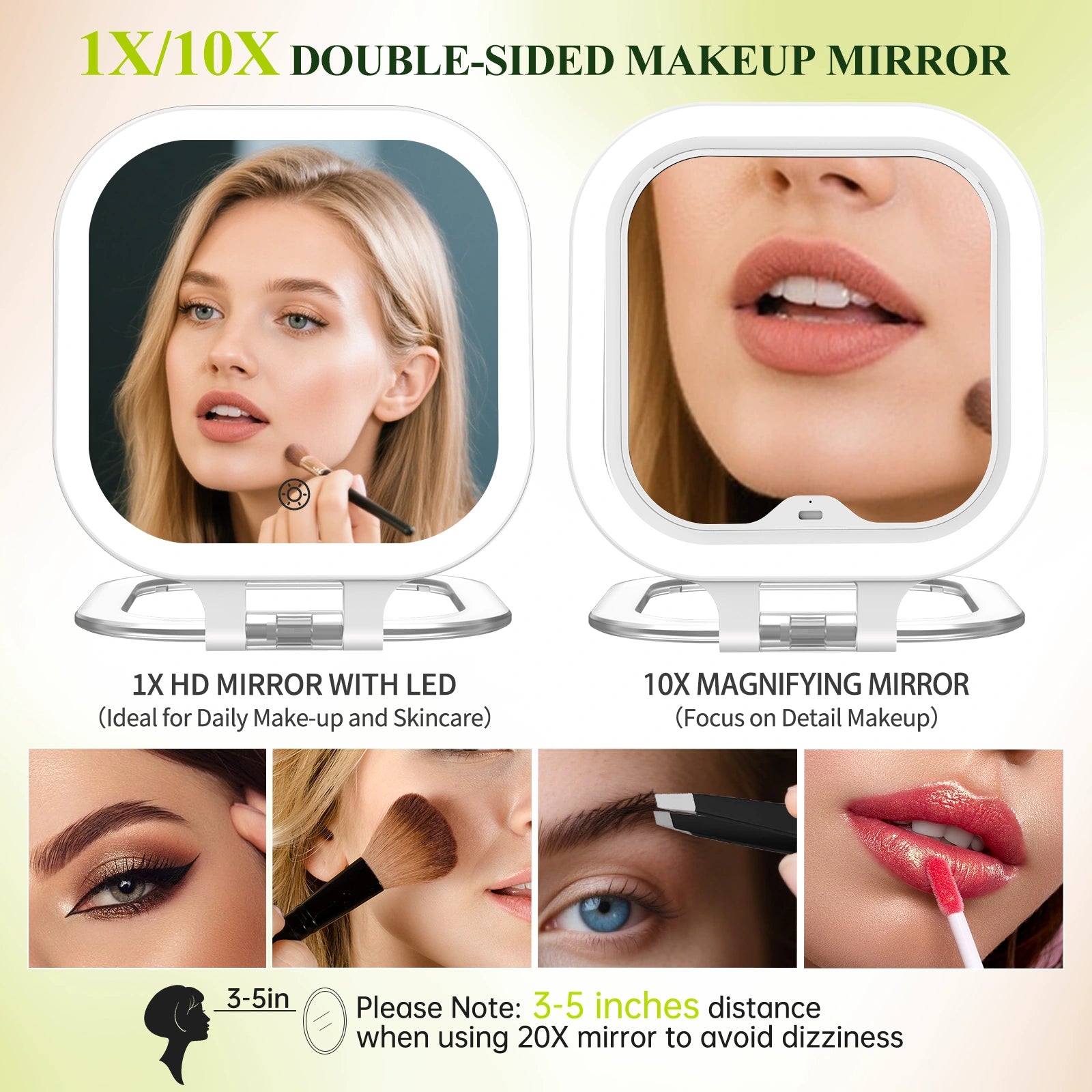 Double sided makeup mirror with 1X and 10X magnification for detailed makeup application
