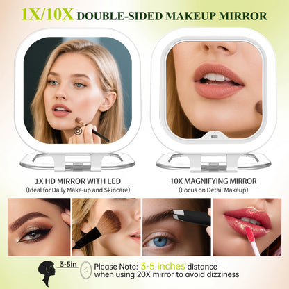 Double sided makeup mirror with 1X and 10X magnification for detailed makeup application