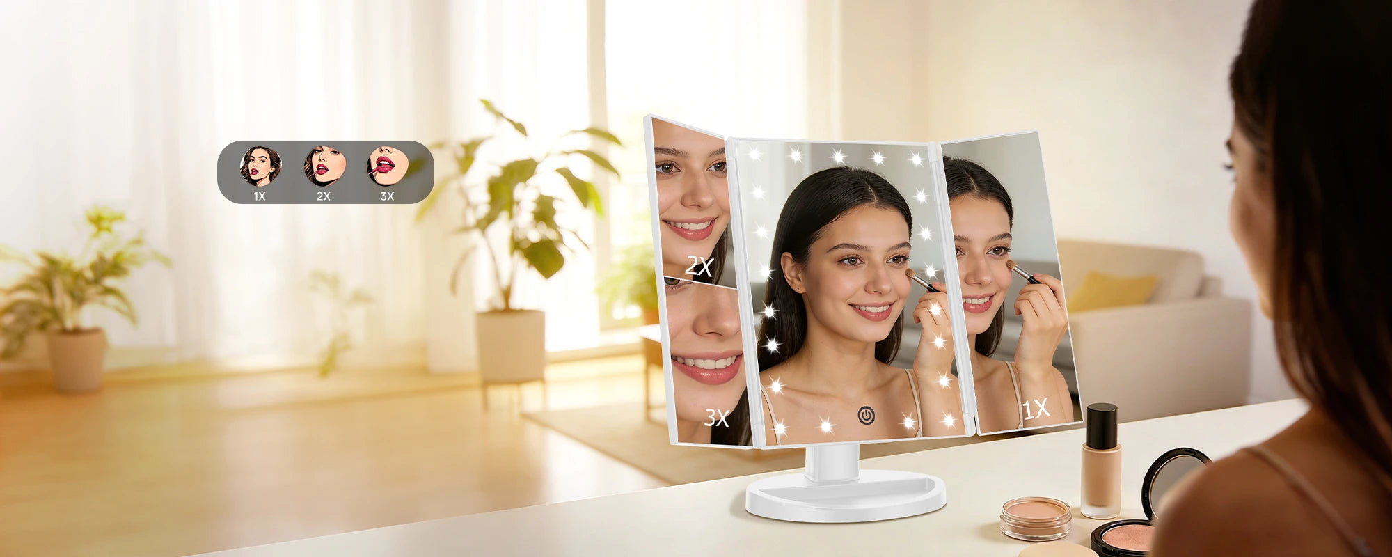 LED lighted makeup mirror with 3X magnification for skincare, makeup application and beauty routine