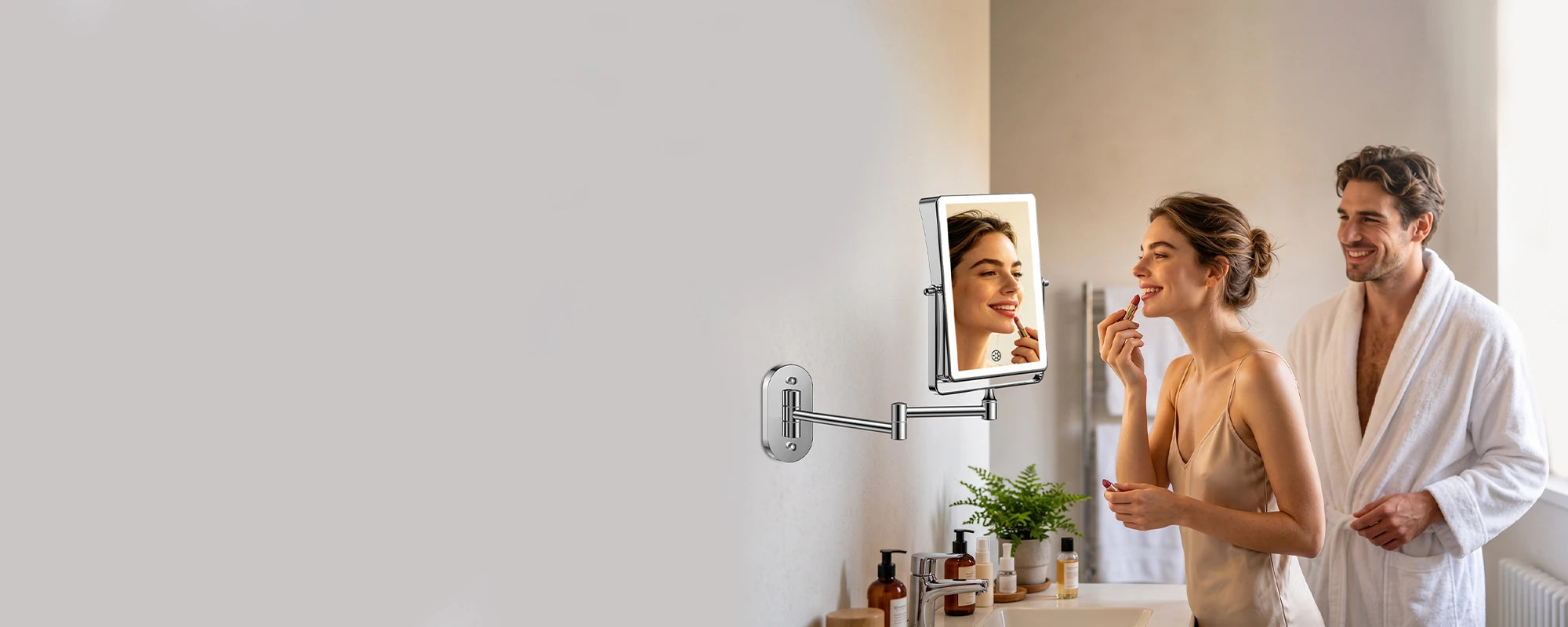 Woman using a Funlouch smart makeup mirror with 360° lighting for daily beauty routine in a modern bathroom