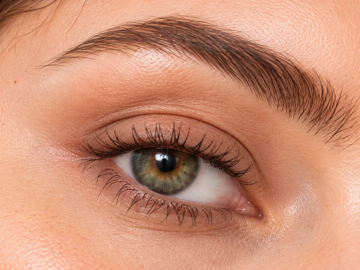 Close-up of a woman's eye and eyebrow for the 10x magnification guide.