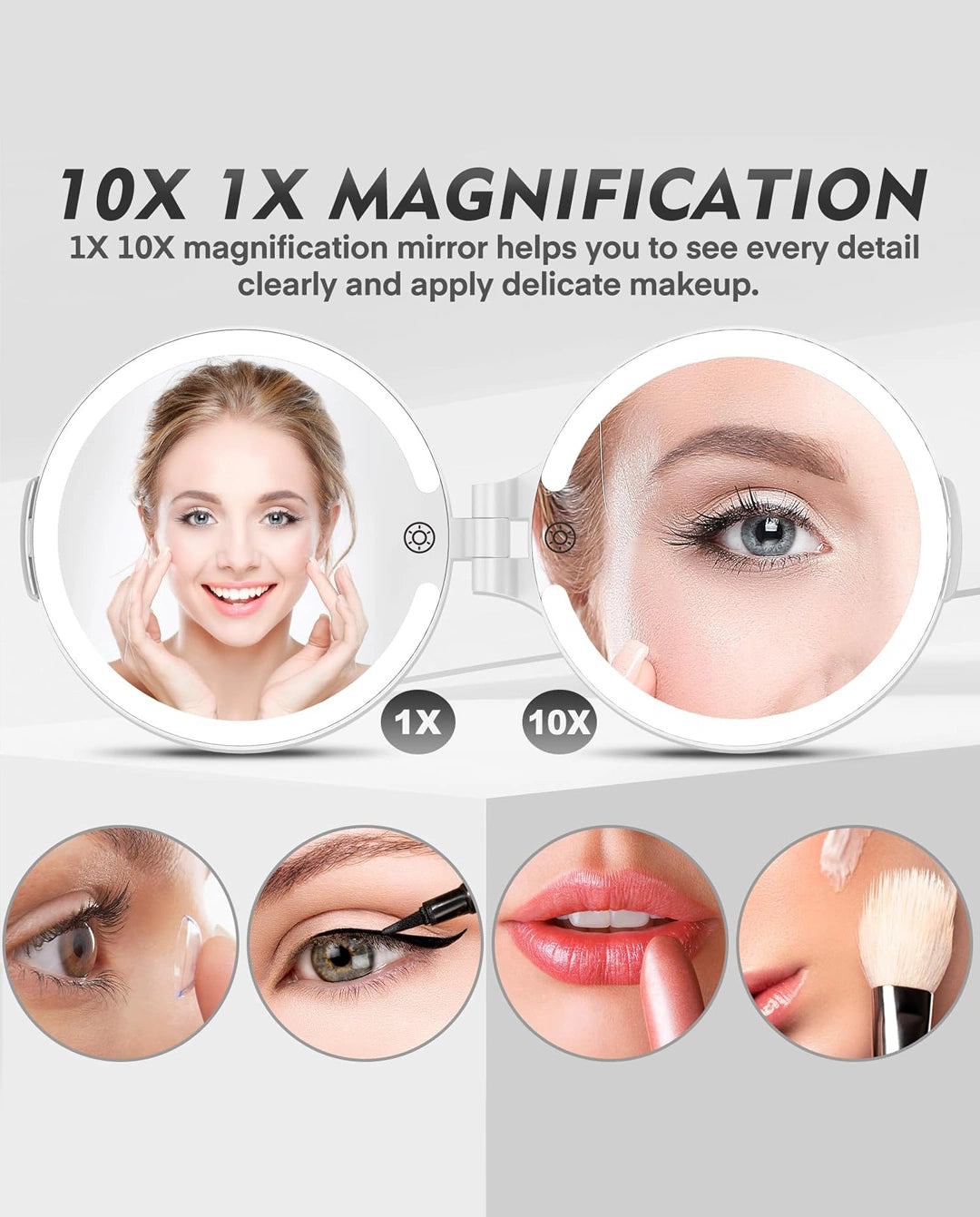 FUNTOUCH 1X and 10X magnifying makeup mirror for full-face and detailed makeup application
