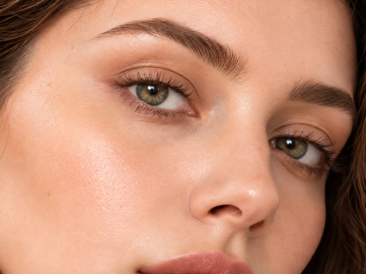 Close-up of a woman's eyes, brows, and cheeks for the 5x magnification guide.
