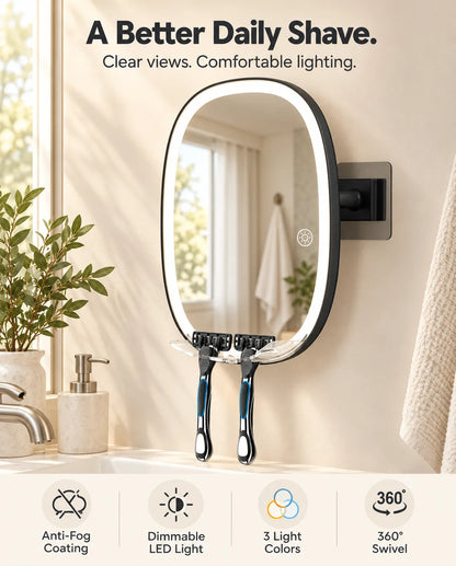 FUNTOUCH RM378 wall-mounted LED shaving mirror with two razor holders in a beige bathroom.