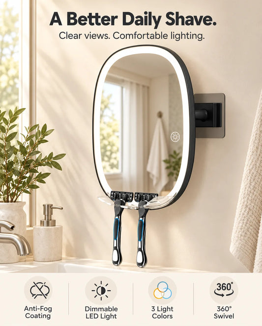 FUNTOUCH RM378 wall-mounted LED shaving mirror with two razor holders in a beige bathroom.
