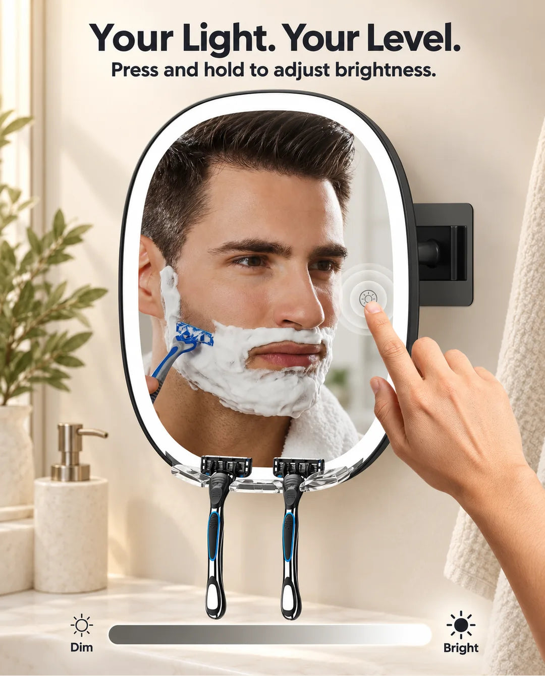 Man adjusting the brightness of the FUNTOUCH SM378 shaving mirror using the touch control.