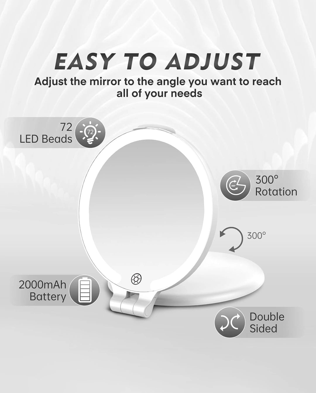 FUNTOUCH double-sided makeup mirror with 72 LEDs, adjustable viewing angle and rechargeable battery