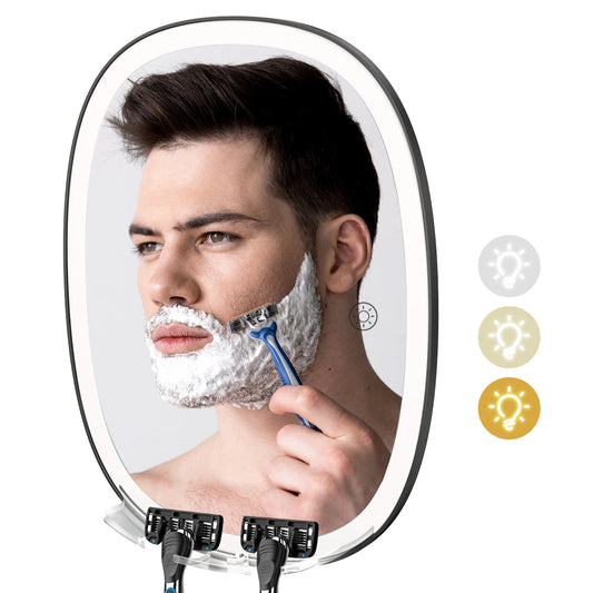 Man shaving with a fogless LED shower mirror featuring touch control and dual razor holders