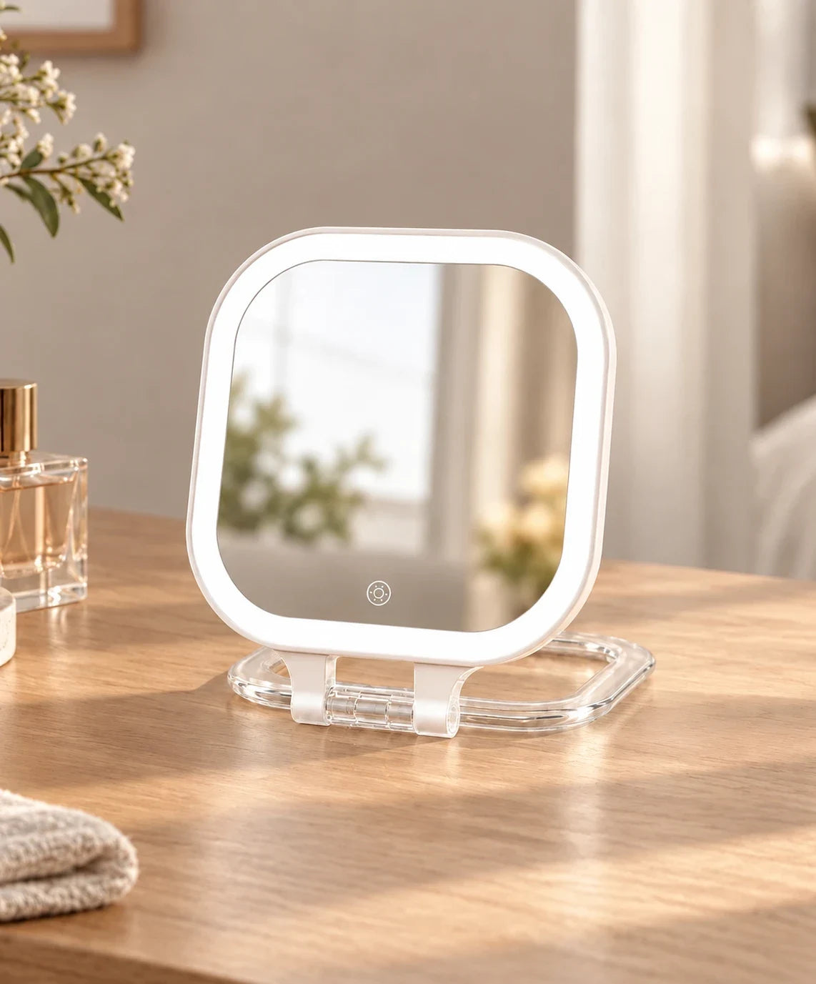 FUNTOUCH white foldable LED makeup mirror with illuminated frame and adjustable stand, displayed on an elegant beige marble vanity with soft natural lighting.