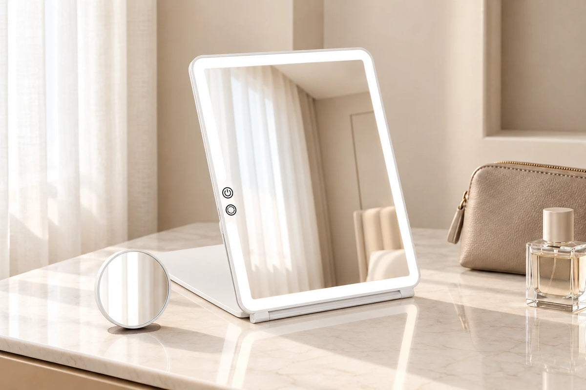 White foldable LED makeup mirror with a detachable round magnifier on an ivory hotel vanity.