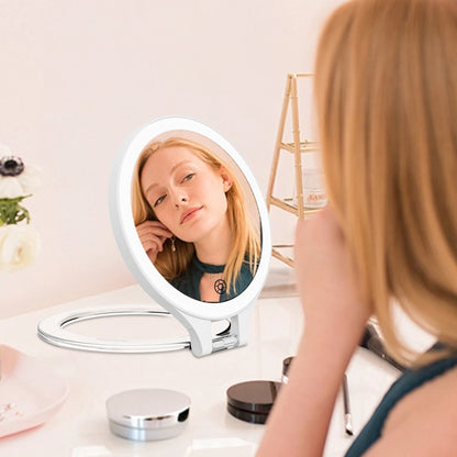 White foldable portable LED travel makeup mirror with ring light, compact lighted vanity mirror for women makeup skincare at home and travel