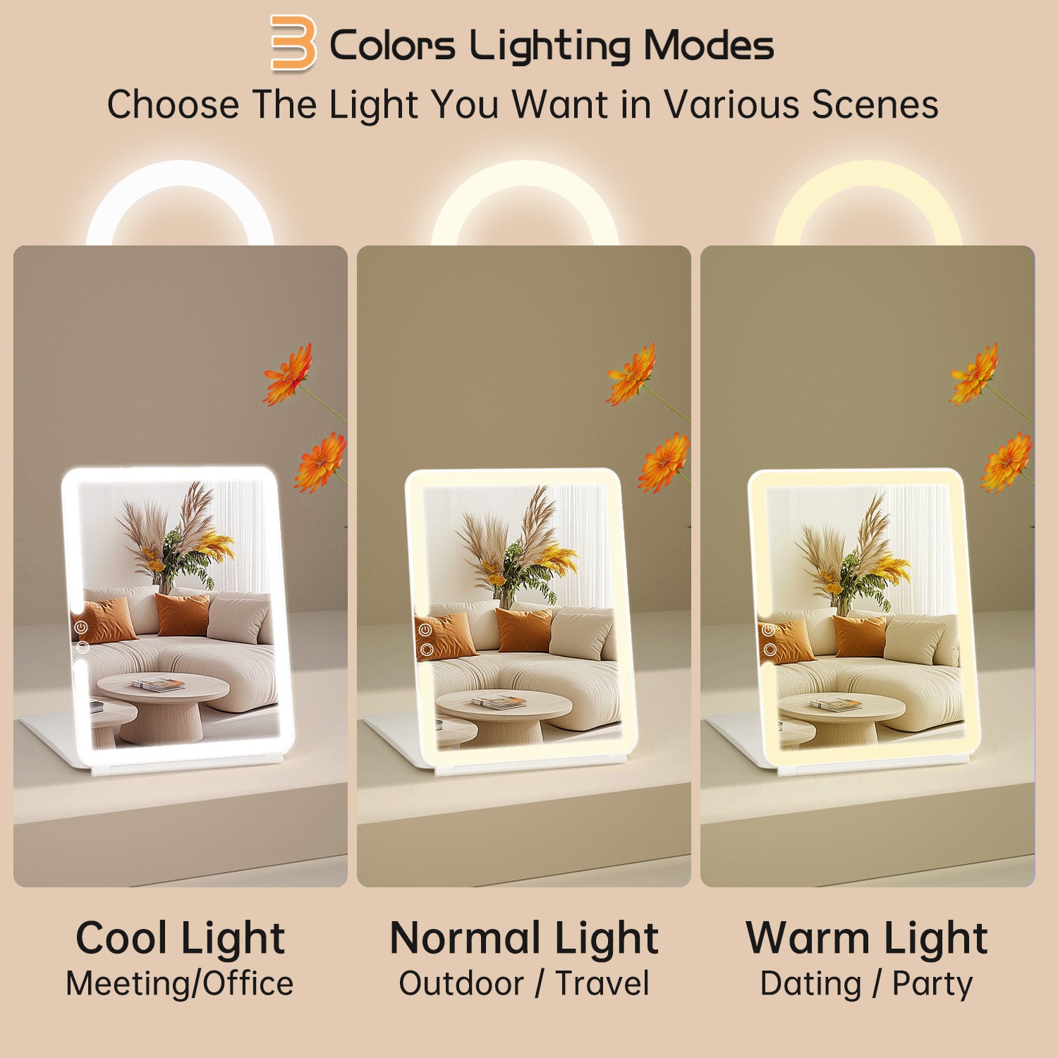Funtouch travel makeup mirror with 3 color lighting modes cool white natural warm led light