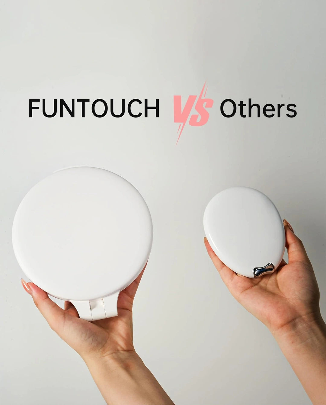 Compact folded FUNTOUCH travel makeup mirror held in one hand