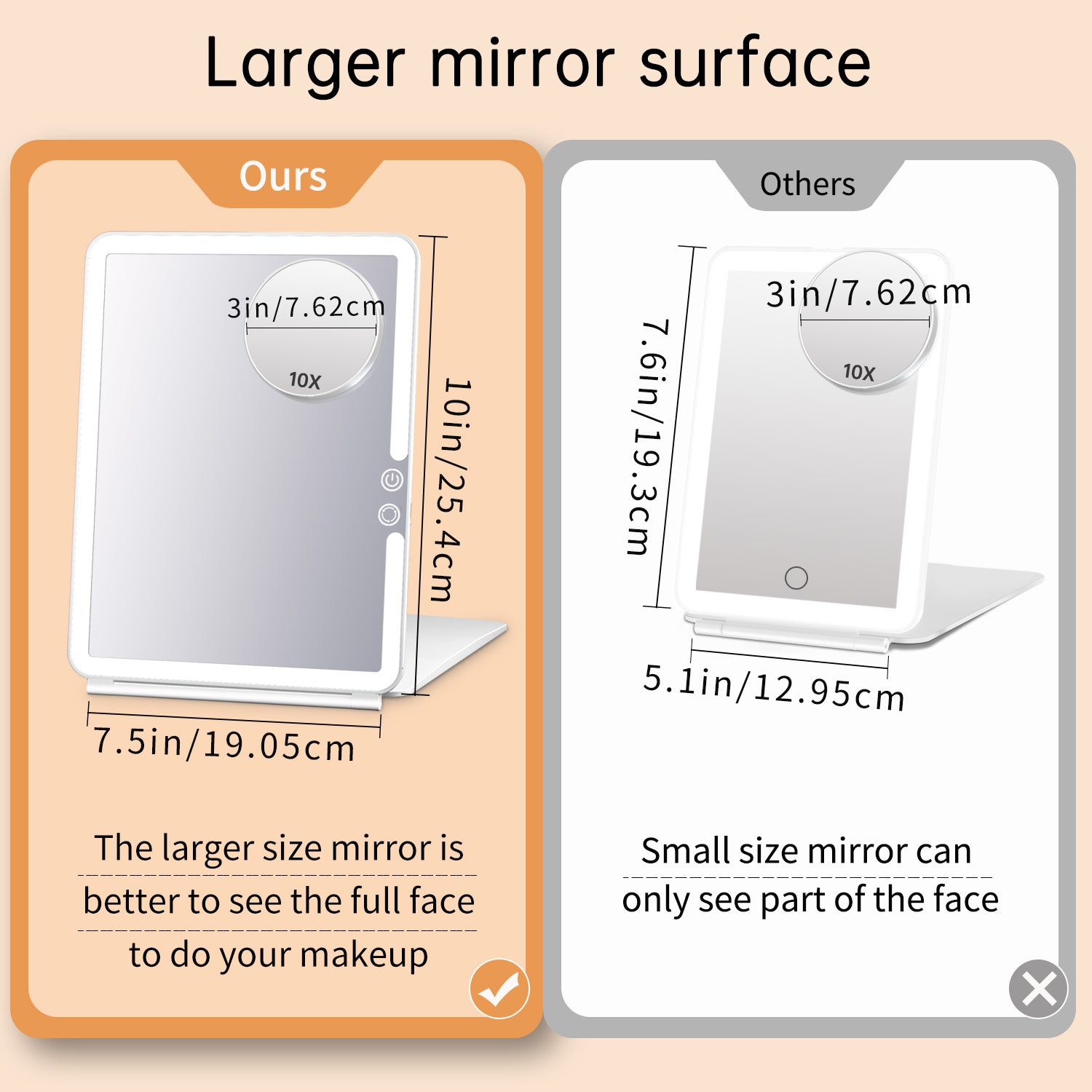 Dimension specs of Funtouch foldable travel vanity mirror with detachable 10x magnifier