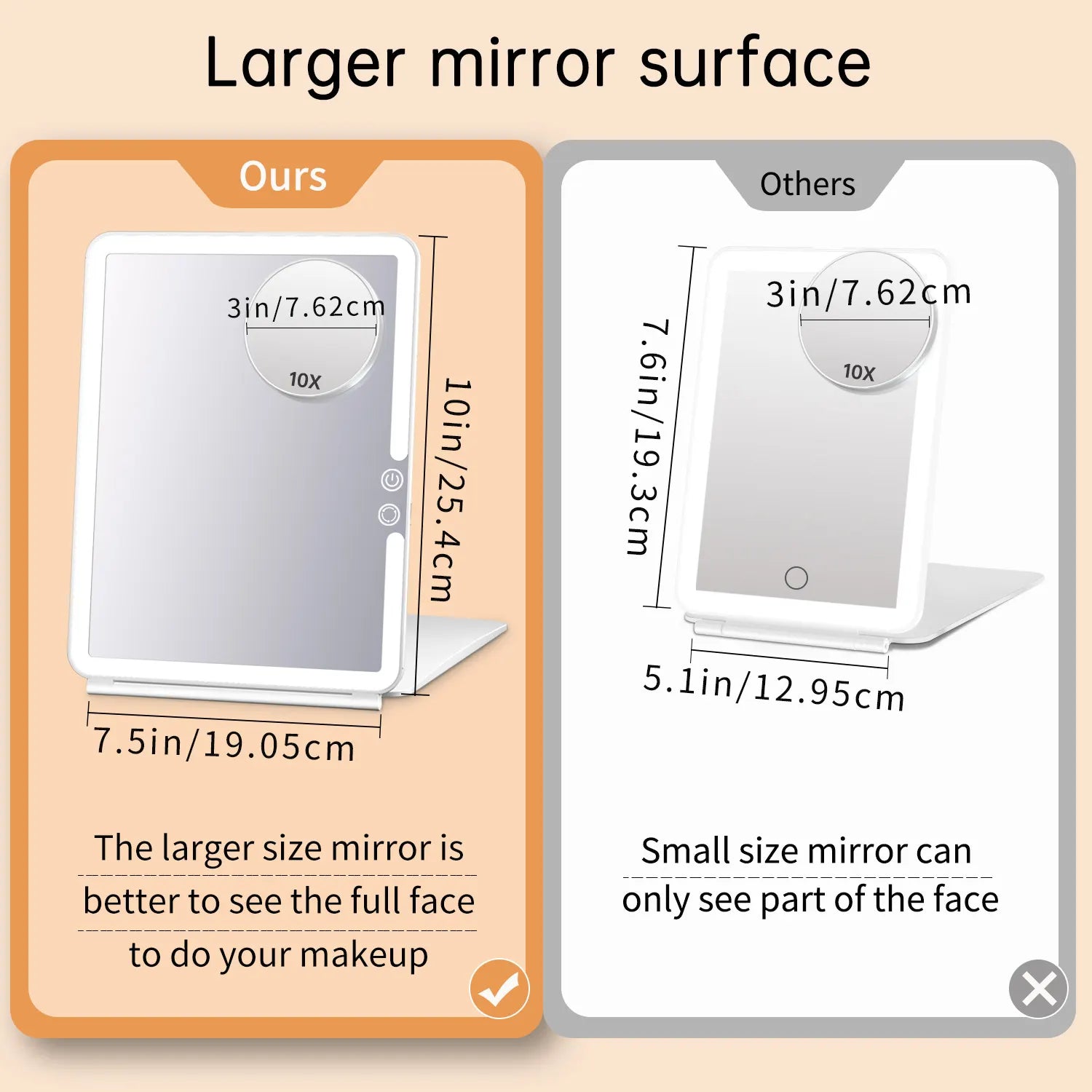 Dimension specs of Funtouch foldable travel vanity mirror with detachable 10x magnifier.