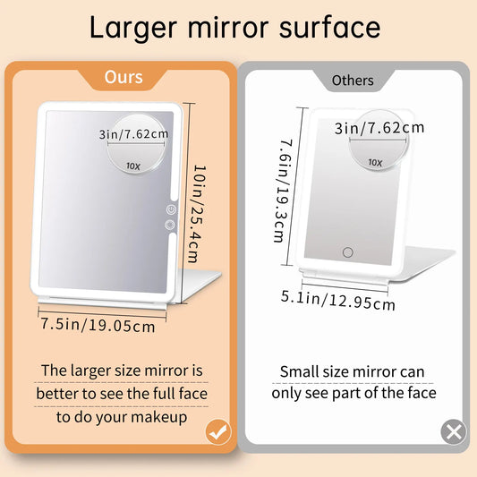 Dimension specs of Funtouch foldable travel vanity mirror with detachable 10x magnifier.