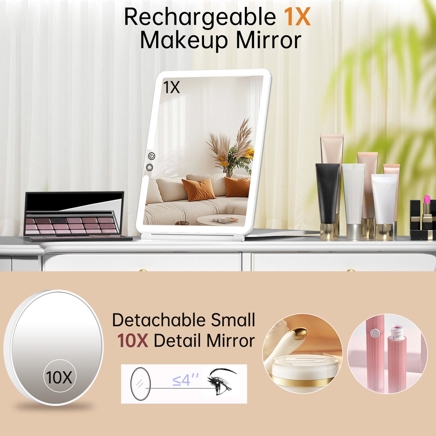 Funtouch rechargeable folding makeup mirror with 1X normal and 10X magnifying spot mirror for cosmetic makeup