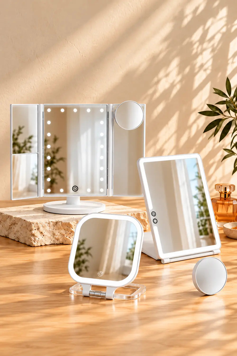 White tri-fold, rectangular folding, and compact LED makeup mirrors arranged on a wooden vanity.
