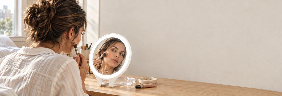 Woman applying makeup using a FUNTOUCH LED makeup mirror at a sunlit vanity.