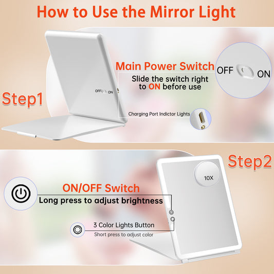 Step-by-step usage guide of Funtouch folding lighted makeup mirror power and switch operation