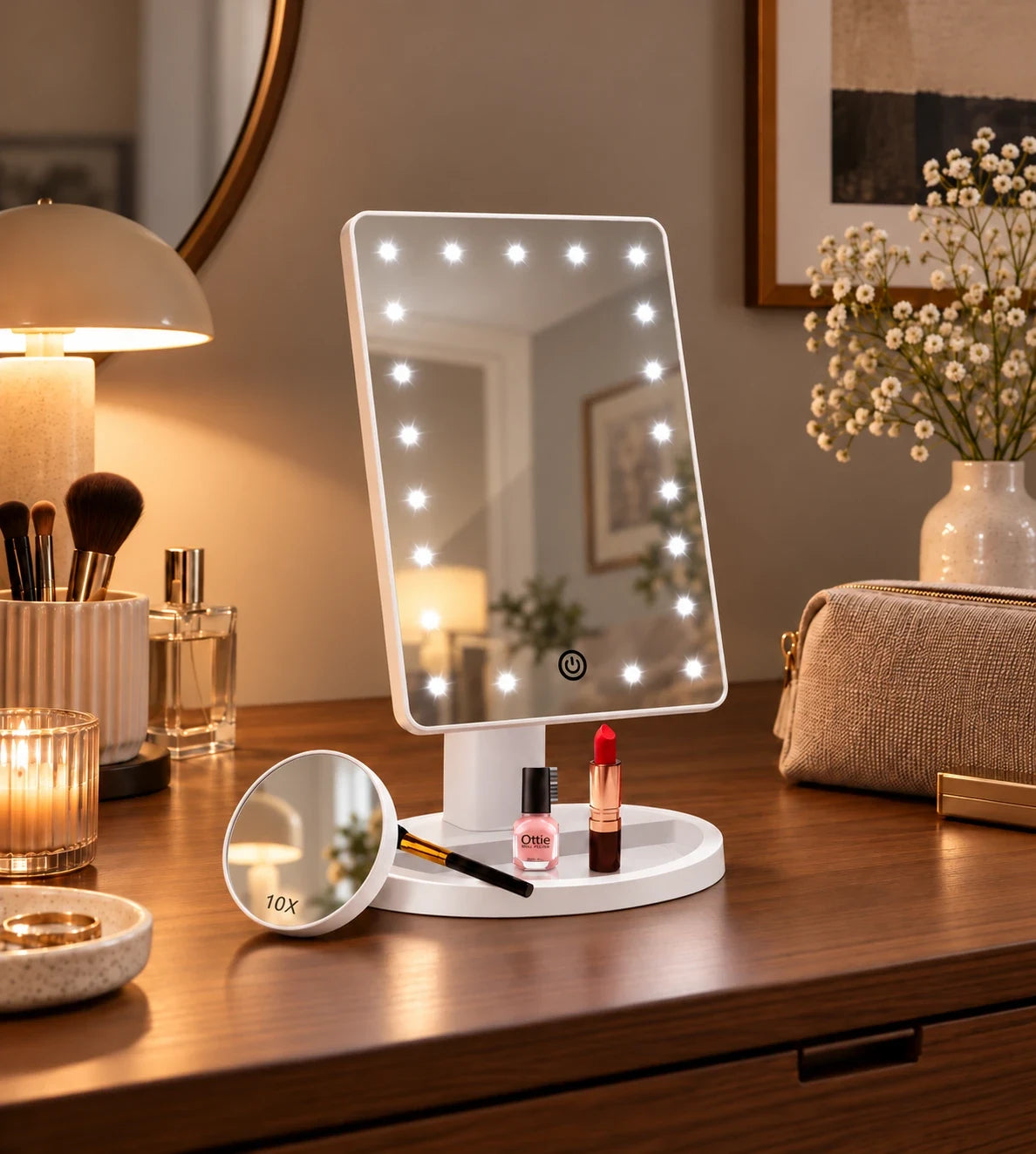 FUNTOUCH LED tabletop makeup mirror with illuminated mirror lights, detachable 10X magnifying mirror and cosmetic storage base on a wooden vanity.