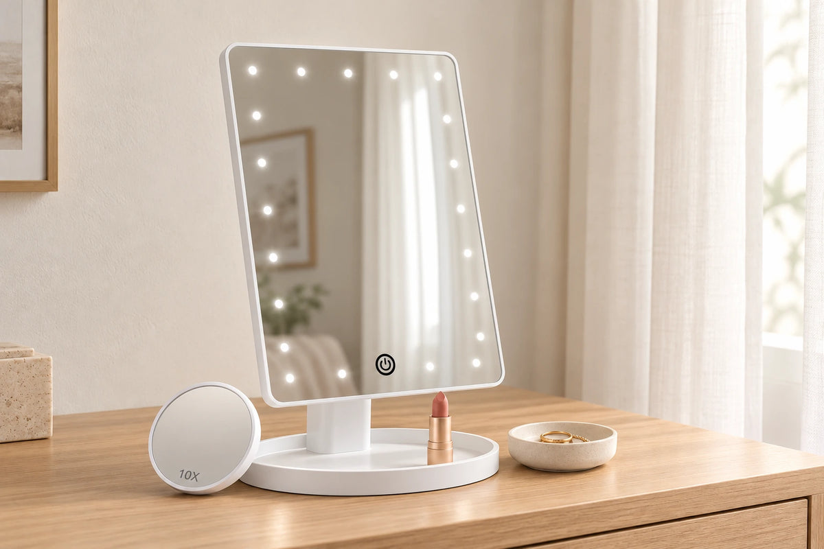 White LED tabletop makeup mirror with a separate 10x magnifier on a light wood vanity.