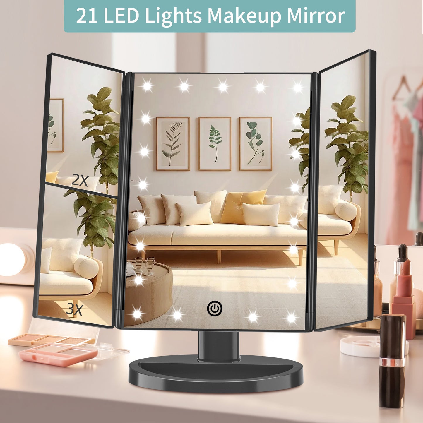 funtouch black led trifold makeup mirror for household