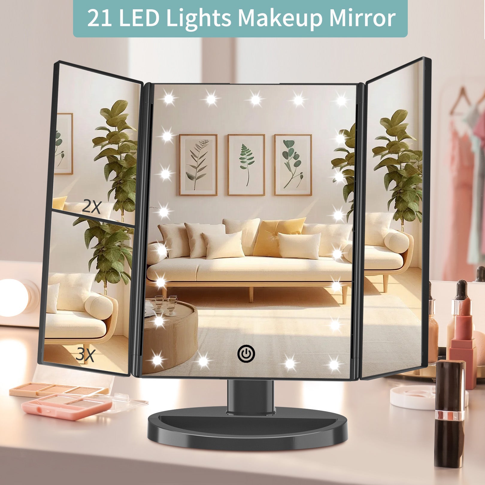 funtouch black led trifold makeup mirror for household
