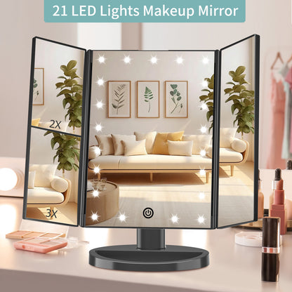 funtouch black led trifold makeup mirror for household