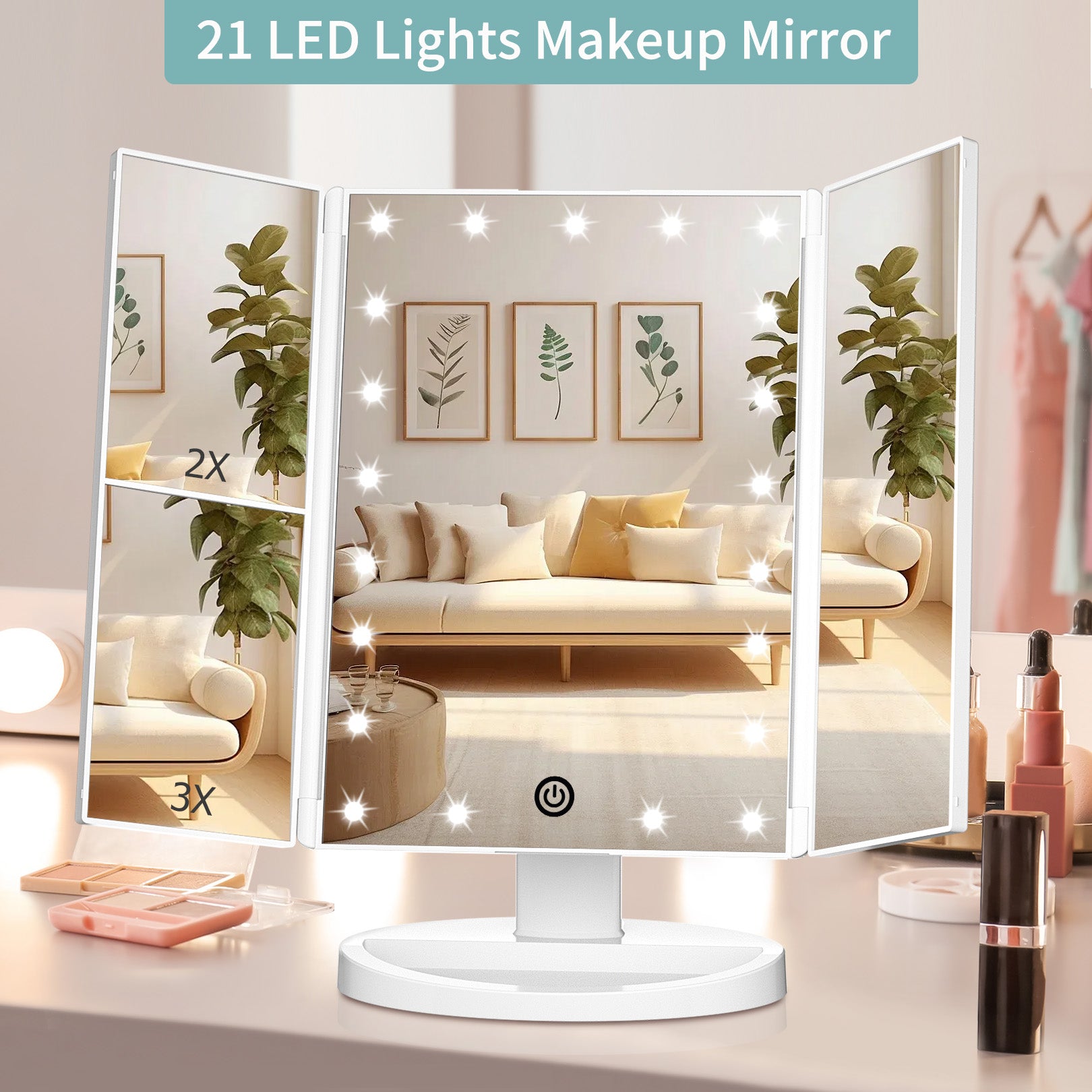 funtouch white led trifold makeup mirror for household