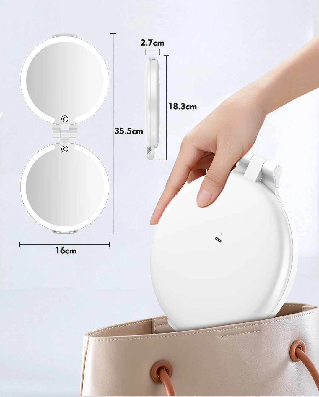Lightweight foldable FUNTOUCH travel makeup mirror with portable dimensions