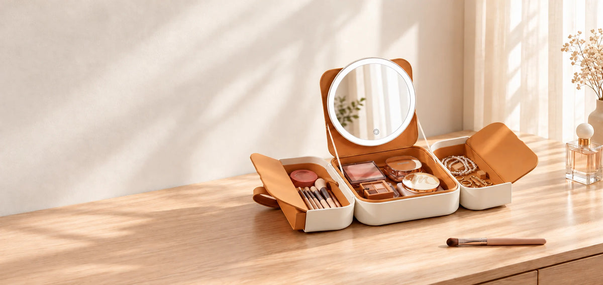 Open FUNTOUCH cream makeup case with a round LED mirror and compartments holding brushes, cosmetics and jewelry on a wooden vanity.