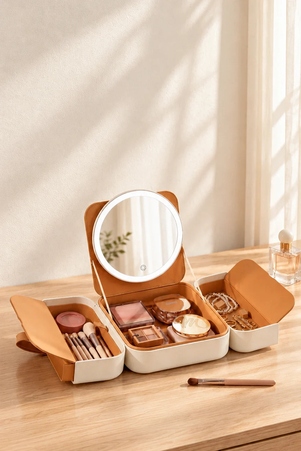 FUNTOUCH cream makeup case with a round LED mirror and open storage compartments on a wooden vanity in warm natural light.