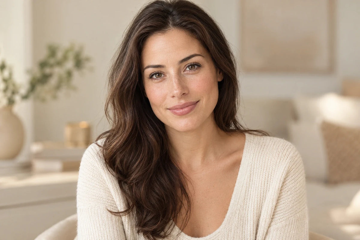 Woman with natural makeup at a cream-colored vanity, used to illustrate FUNTOUCH mirror lighting.
